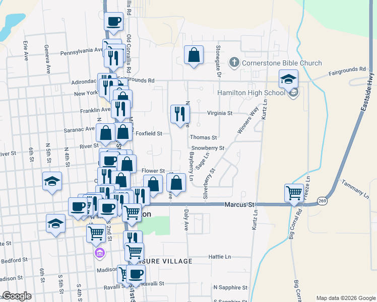 map of restaurants, bars, coffee shops, grocery stores, and more near 100 Bayberry Lane in Hamilton