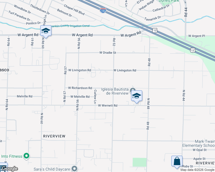 map of restaurants, bars, coffee shops, grocery stores, and more near 2520 North Road 52 in Pasco