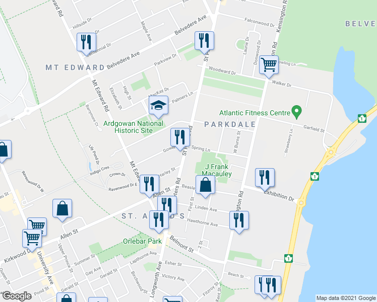 map of restaurants, bars, coffee shops, grocery stores, and more near 60 Saint Peters Road in Charlottetown