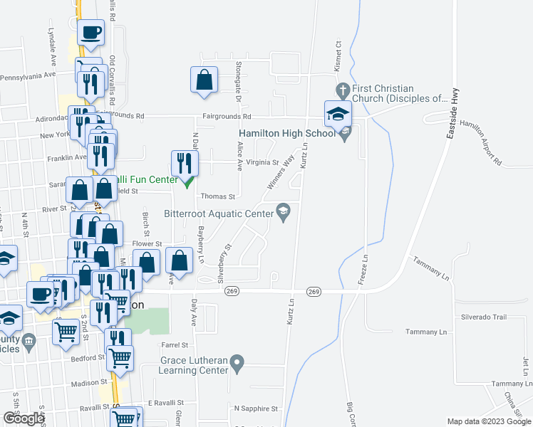 map of restaurants, bars, coffee shops, grocery stores, and more near 163 Villa Court in Hamilton
