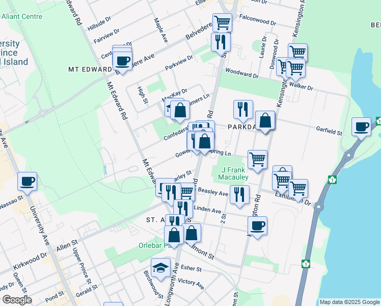map of restaurants, bars, coffee shops, grocery stores, and more near 42 Gower Street in Charlottetown