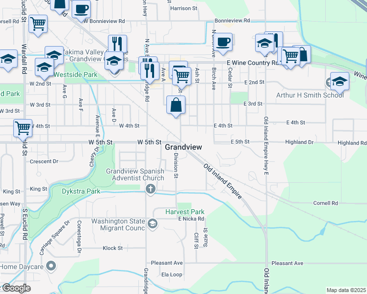 map of restaurants, bars, coffee shops, grocery stores, and more near in Grandview