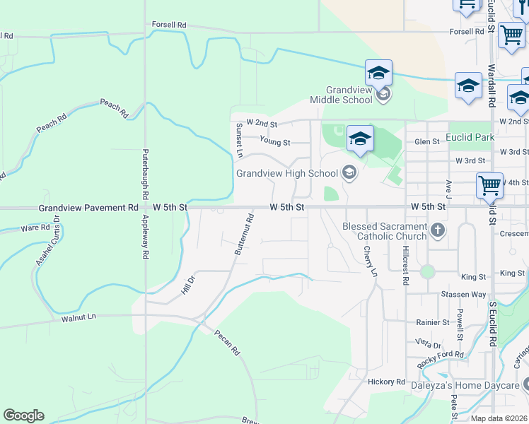 map of restaurants, bars, coffee shops, grocery stores, and more near 1904 W 5th St in Grandview