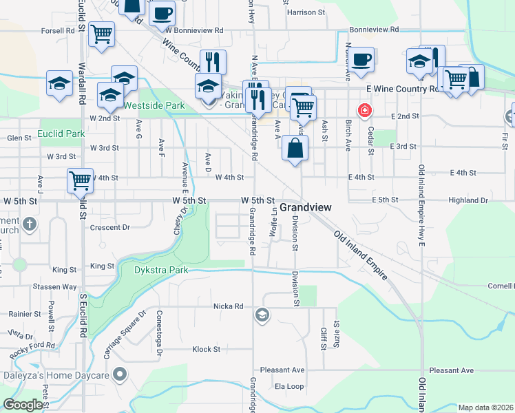 map of restaurants, bars, coffee shops, grocery stores, and more near 200-298 West 5th Street in Grandview