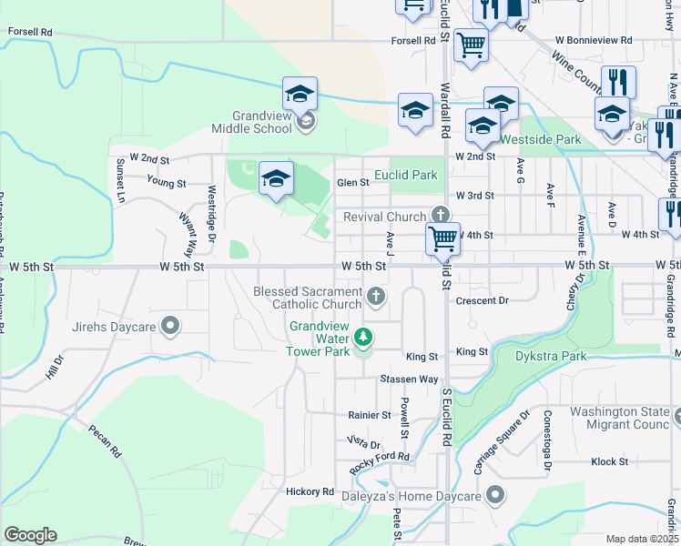 map of restaurants, bars, coffee shops, grocery stores, and more near 501 Hillcrest St in Grandview