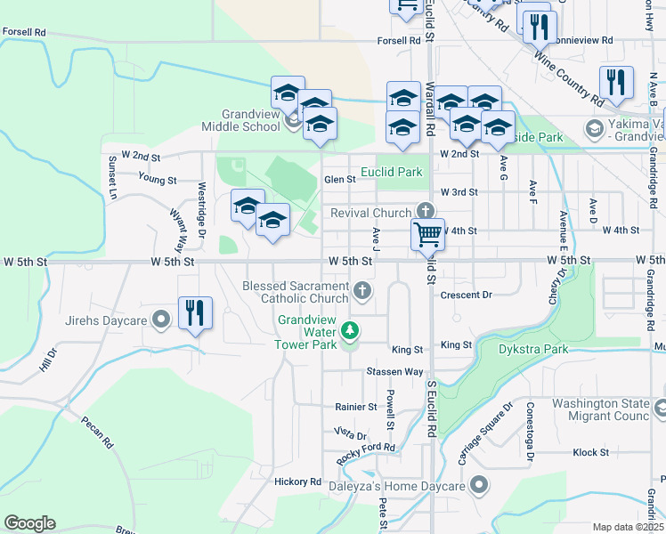 map of restaurants, bars, coffee shops, grocery stores, and more near 501 Hillcrest St in Grandview
