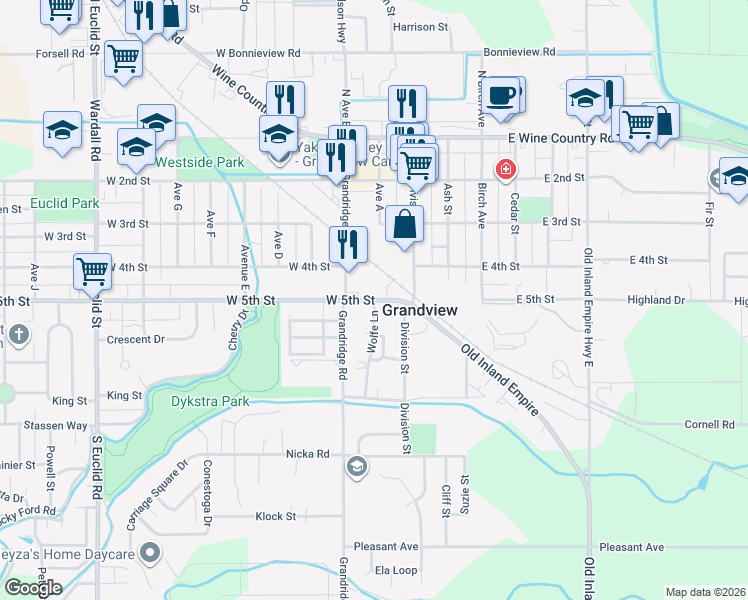map of restaurants, bars, coffee shops, grocery stores, and more near 200 West 5th Street in Grandview
