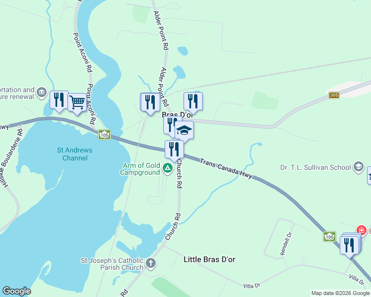 map of restaurants, bars, coffee shops, grocery stores, and more near 0 Alder Point Road in Bras D'or