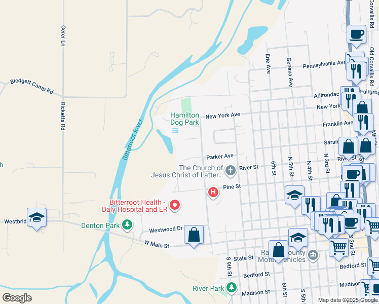 map of restaurants, bars, coffee shops, grocery stores, and more near 501 North 10th Street in Hamilton
