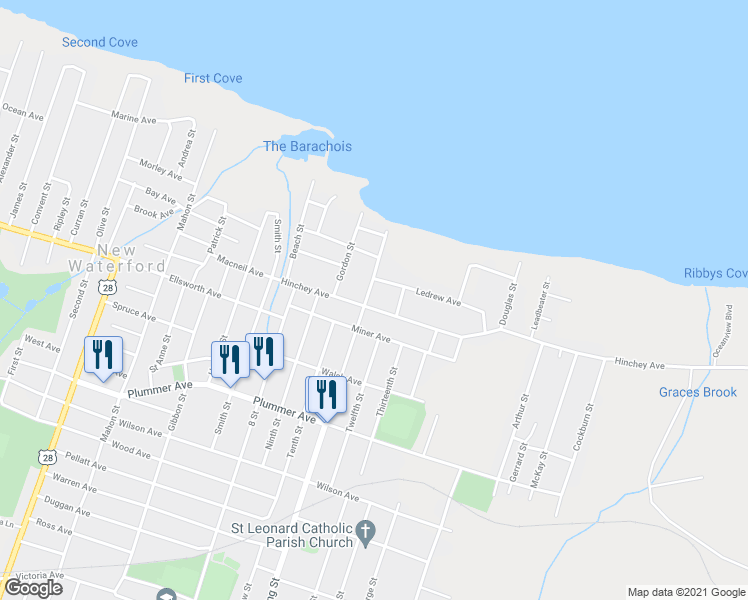 map of restaurants, bars, coffee shops, grocery stores, and more near 3263 Hinchey Avenue in New Waterford