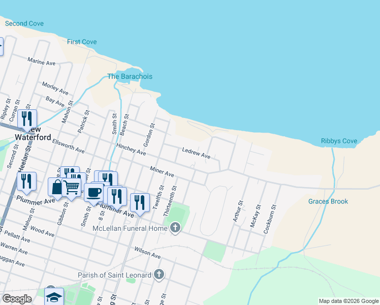 map of restaurants, bars, coffee shops, grocery stores, and more near 3204 Ledrew Avenue in New Waterford