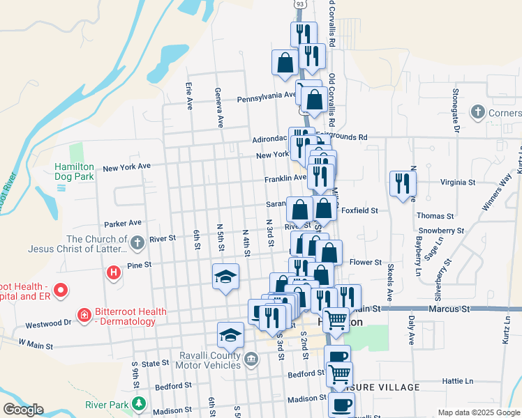 map of restaurants, bars, coffee shops, grocery stores, and more near 604 North 3rd Street in Hamilton