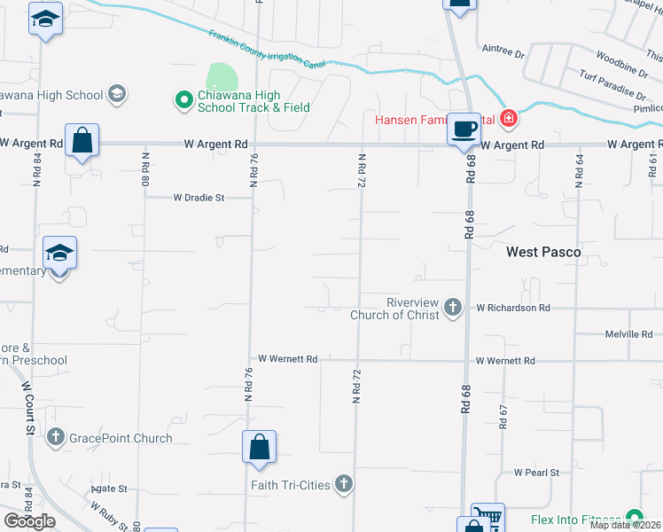 map of restaurants, bars, coffee shops, grocery stores, and more near 2708 North Road 72 in Pasco