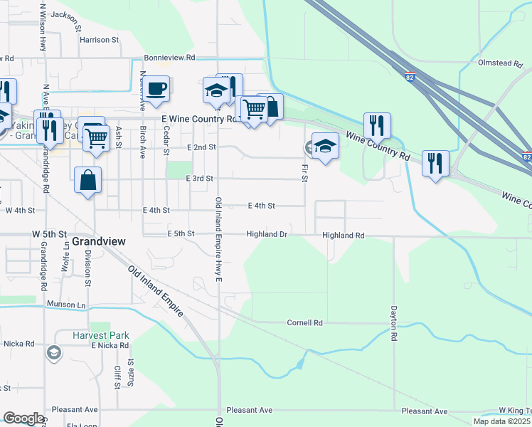 map of restaurants, bars, coffee shops, grocery stores, and more near 621 E 4th St in Grandview