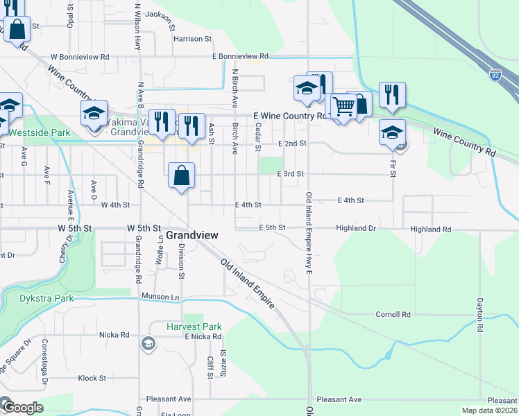 map of restaurants, bars, coffee shops, grocery stores, and more near 312 Cedar Street in Grandview