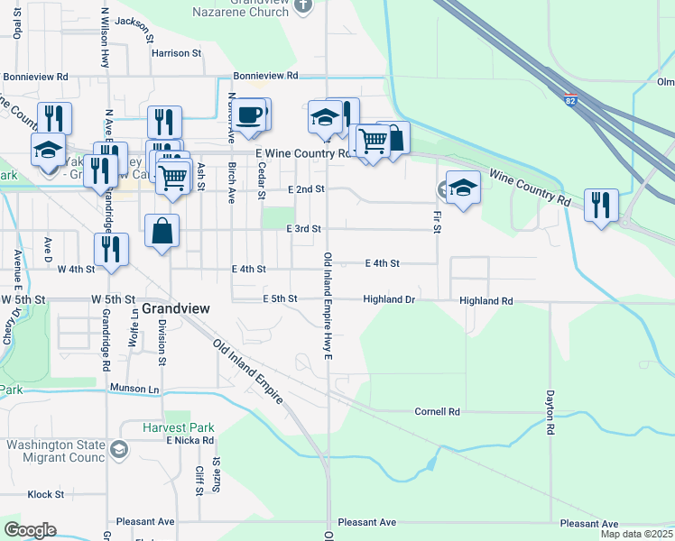 map of restaurants, bars, coffee shops, grocery stores, and more near 607 E 4th St in Grandview