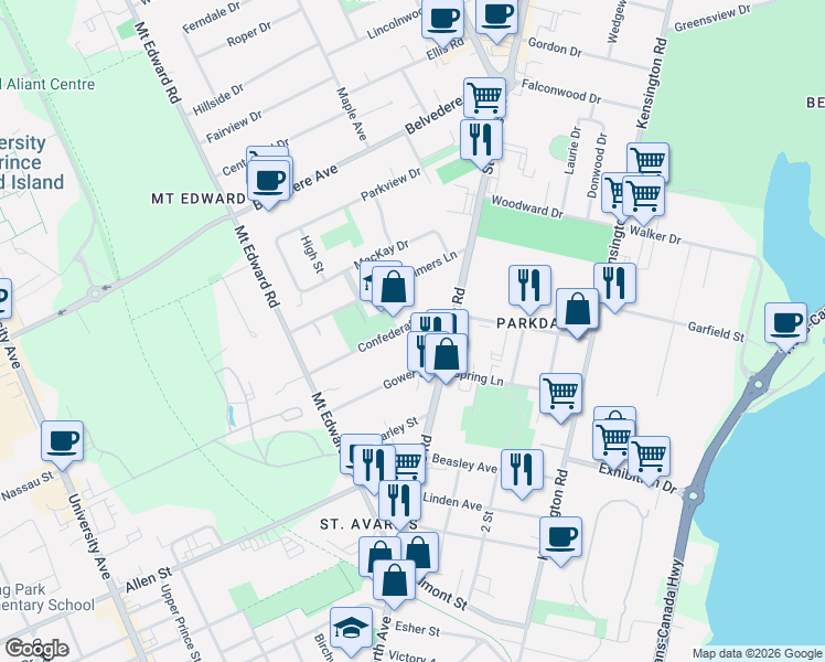 map of restaurants, bars, coffee shops, grocery stores, and more near 55 Confederation Street in Charlottetown