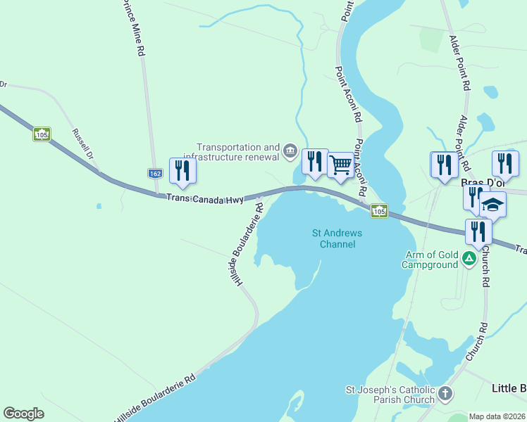 map of restaurants, bars, coffee shops, grocery stores, and more near 29 Hillside Boularderie Road in Groves Point