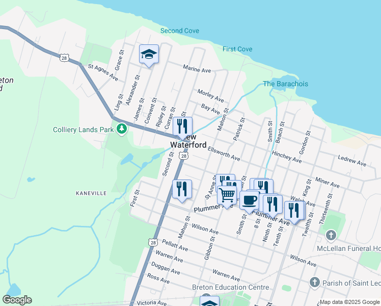 map of restaurants, bars, coffee shops, grocery stores, and more near 372 Heelan Street in New Waterford