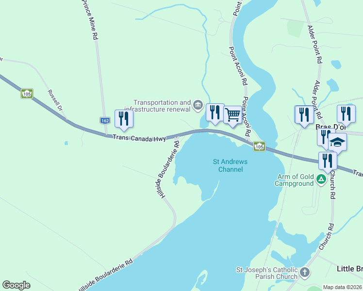 map of restaurants, bars, coffee shops, grocery stores, and more near 1 Hillside Boularderie Road in Groves Point