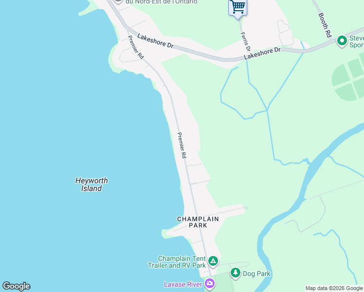 map of restaurants, bars, coffee shops, grocery stores, and more near Premier Road in North Bay