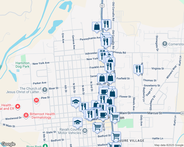 map of restaurants, bars, coffee shops, grocery stores, and more near 604 North 3rd Street in Hamilton