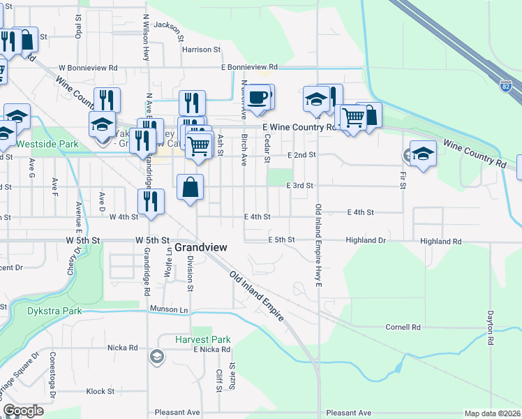 map of restaurants, bars, coffee shops, grocery stores, and more near 312 Cedar St in Grandview