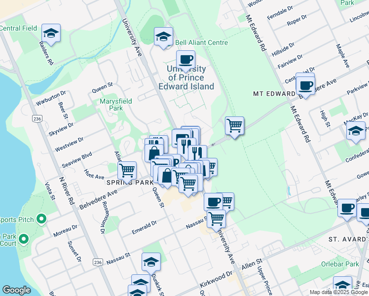 map of restaurants, bars, coffee shops, grocery stores, and more near University Avenue in Charlottetown
