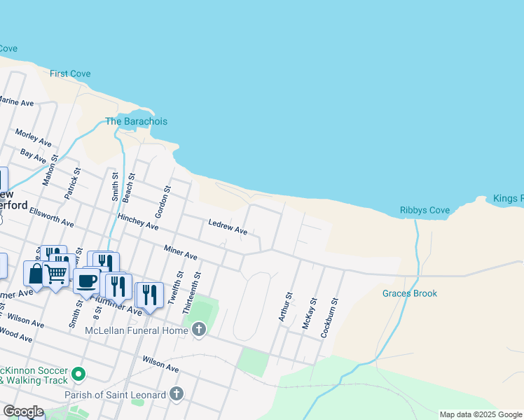 map of restaurants, bars, coffee shops, grocery stores, and more near 3156 Atlantic Avenue in New Waterford