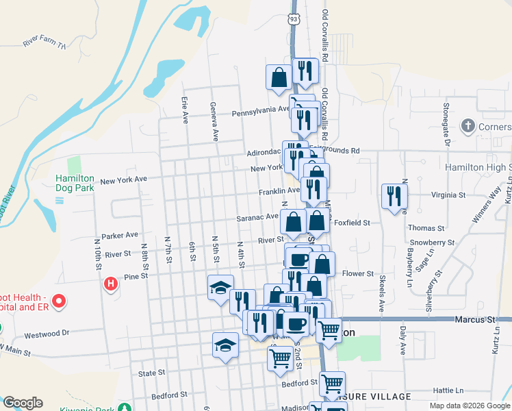 map of restaurants, bars, coffee shops, grocery stores, and more near 605 North 3rd Street in Hamilton