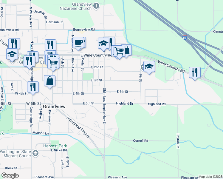 map of restaurants, bars, coffee shops, grocery stores, and more near 607 E 4th St in Grandview