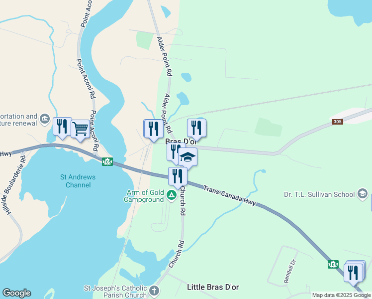 map of restaurants, bars, coffee shops, grocery stores, and more near 104 Bras D'or Florence Road in Bras D'or