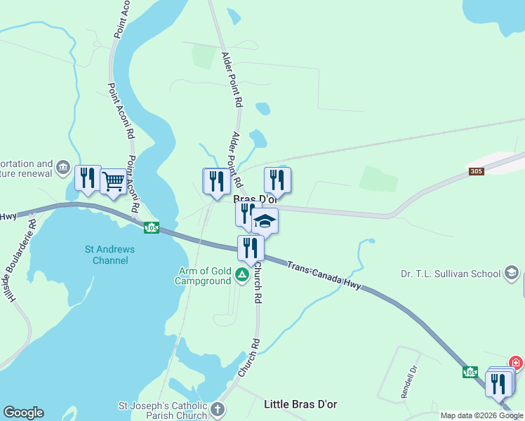 map of restaurants, bars, coffee shops, grocery stores, and more near 104 Bras D'or Florence Road in Bras D'or