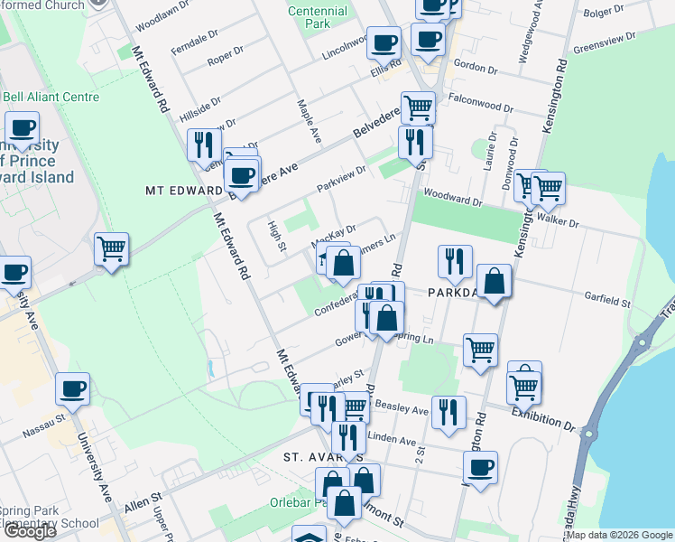 map of restaurants, bars, coffee shops, grocery stores, and more near 30 Palmers Lane in Charlottetown