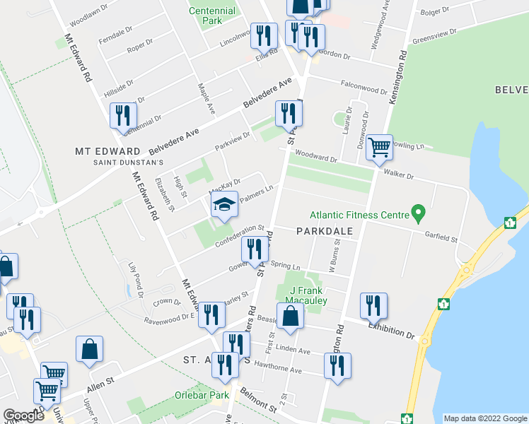 map of restaurants, bars, coffee shops, grocery stores, and more near 105 Saint Peters Road in Charlottetown