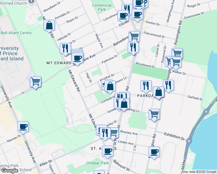 map of restaurants, bars, coffee shops, grocery stores, and more near 30 Palmers Lane in Charlottetown