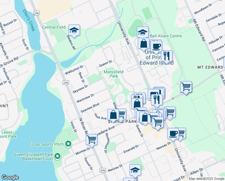 map of restaurants, bars, coffee shops, grocery stores, and more near 11 Carvell Court in Charlottetown