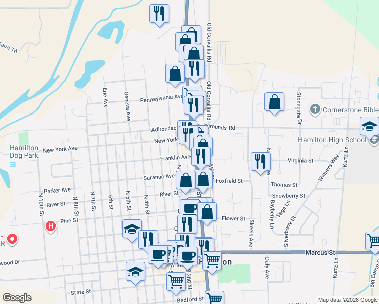 map of restaurants, bars, coffee shops, grocery stores, and more near 199 New York Avenue in Hamilton