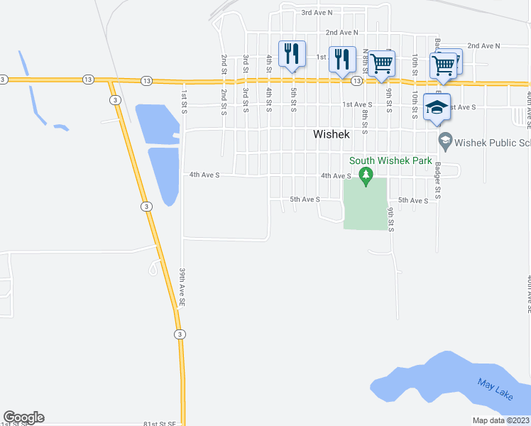 map of restaurants, bars, coffee shops, grocery stores, and more near 500 4th Street South in Wishek