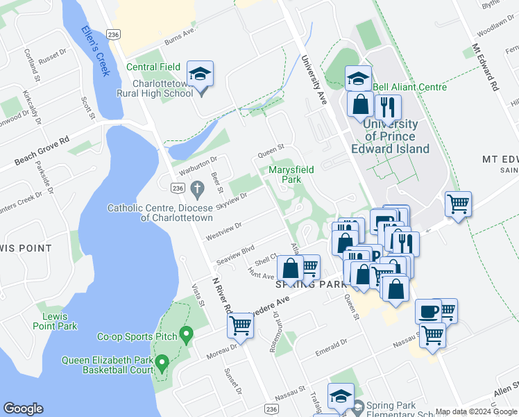 map of restaurants, bars, coffee shops, grocery stores, and more near 39 Westview Drive in Charlottetown