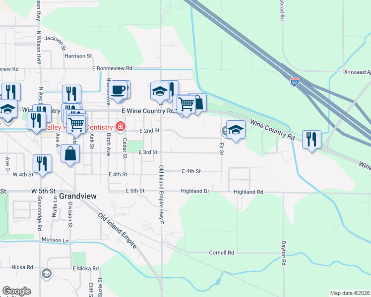 map of restaurants, bars, coffee shops, grocery stores, and more near 620 E 2nd St in Grandview