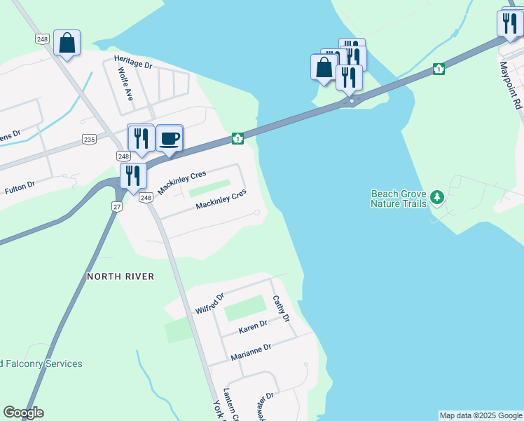 map of restaurants, bars, coffee shops, grocery stores, and more near 55 Candlelight Park in Cornwall