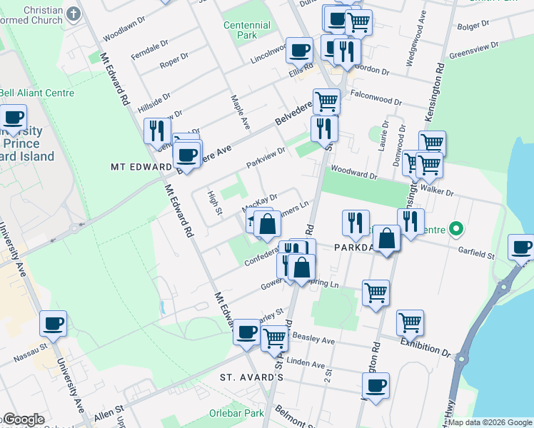 map of restaurants, bars, coffee shops, grocery stores, and more near 27 Palmers Lane in Charlottetown