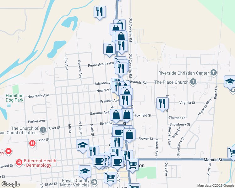 map of restaurants, bars, coffee shops, grocery stores, and more near 707 North 1st Street in Hamilton