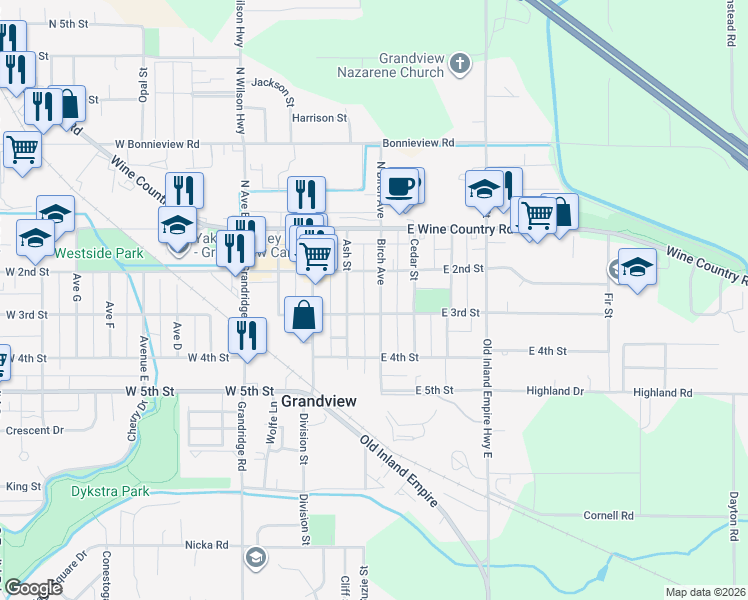 map of restaurants, bars, coffee shops, grocery stores, and more near 210 Birch Avenue in Grandview