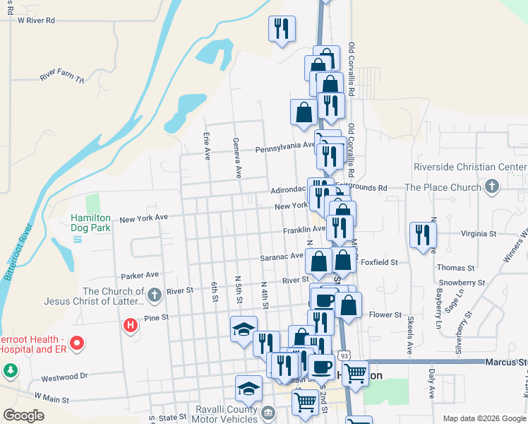 map of restaurants, bars, coffee shops, grocery stores, and more near 720 North 4th Street in Hamilton