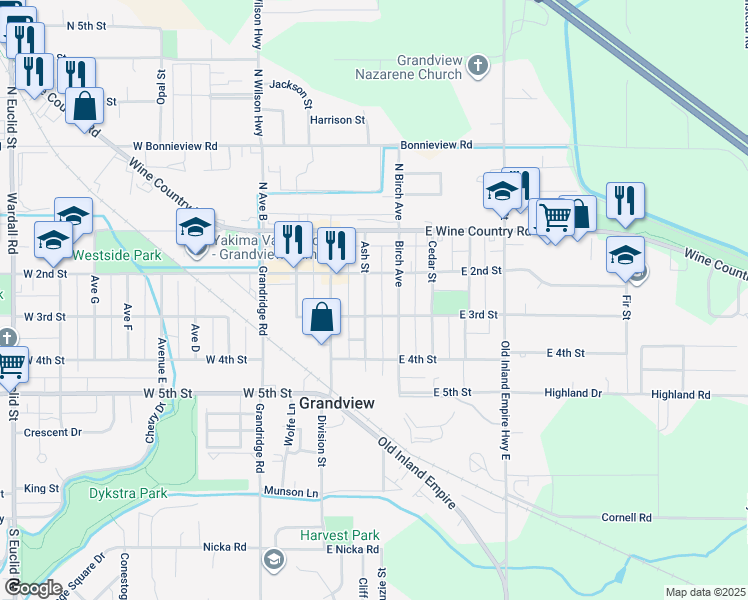 map of restaurants, bars, coffee shops, grocery stores, and more near 210 Birch Avenue in Grandview