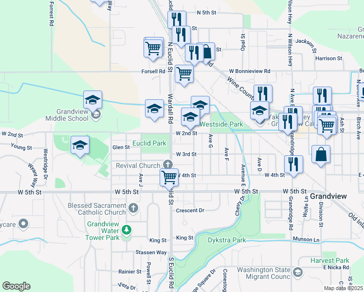 map of restaurants, bars, coffee shops, grocery stores, and more near 909 West 3rd Street in Grandview