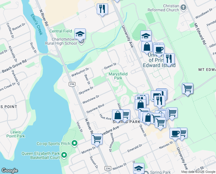 map of restaurants, bars, coffee shops, grocery stores, and more near 39 Westview Drive in Charlottetown