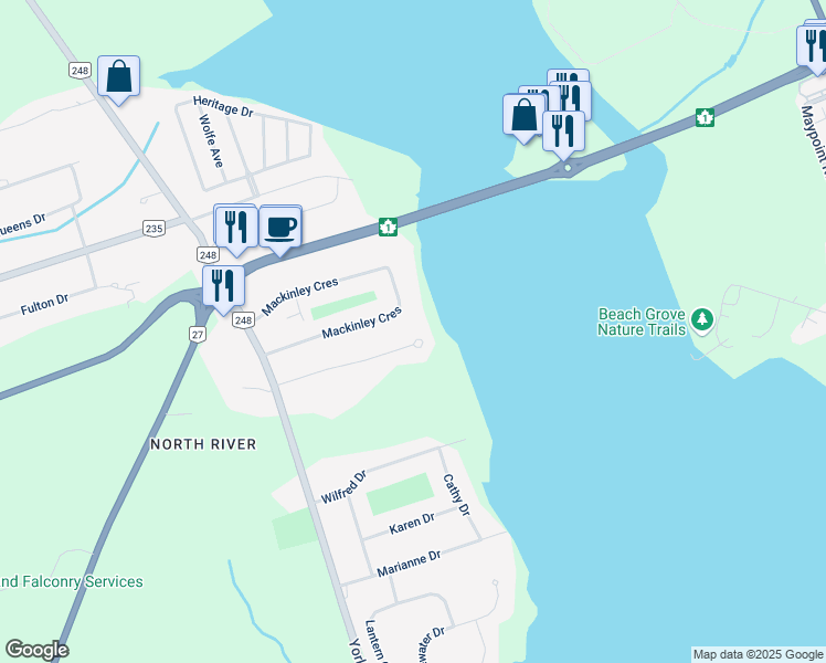 map of restaurants, bars, coffee shops, grocery stores, and more near 55 Candlelight Park in Cornwall